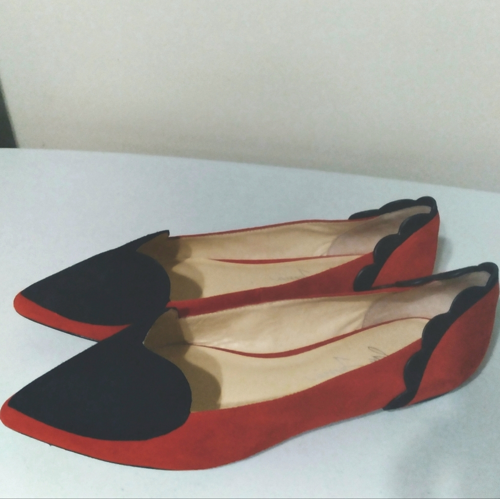Isa Tapia Black Red‎ Leather Pointed Toe Heart Shaped Loafers Ballerina Flats